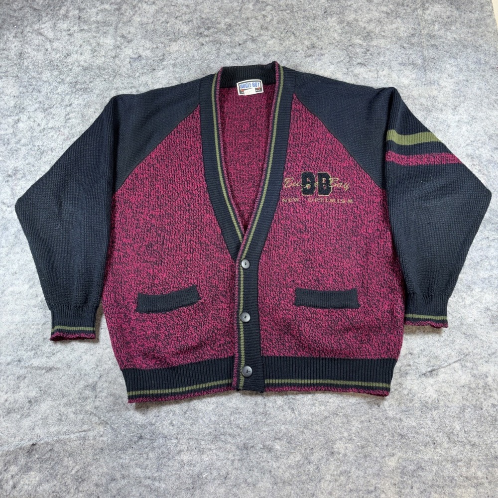 Vintage 90s Bugle Boy Cardigan Sweater Men's XL Red & Black University Varsity